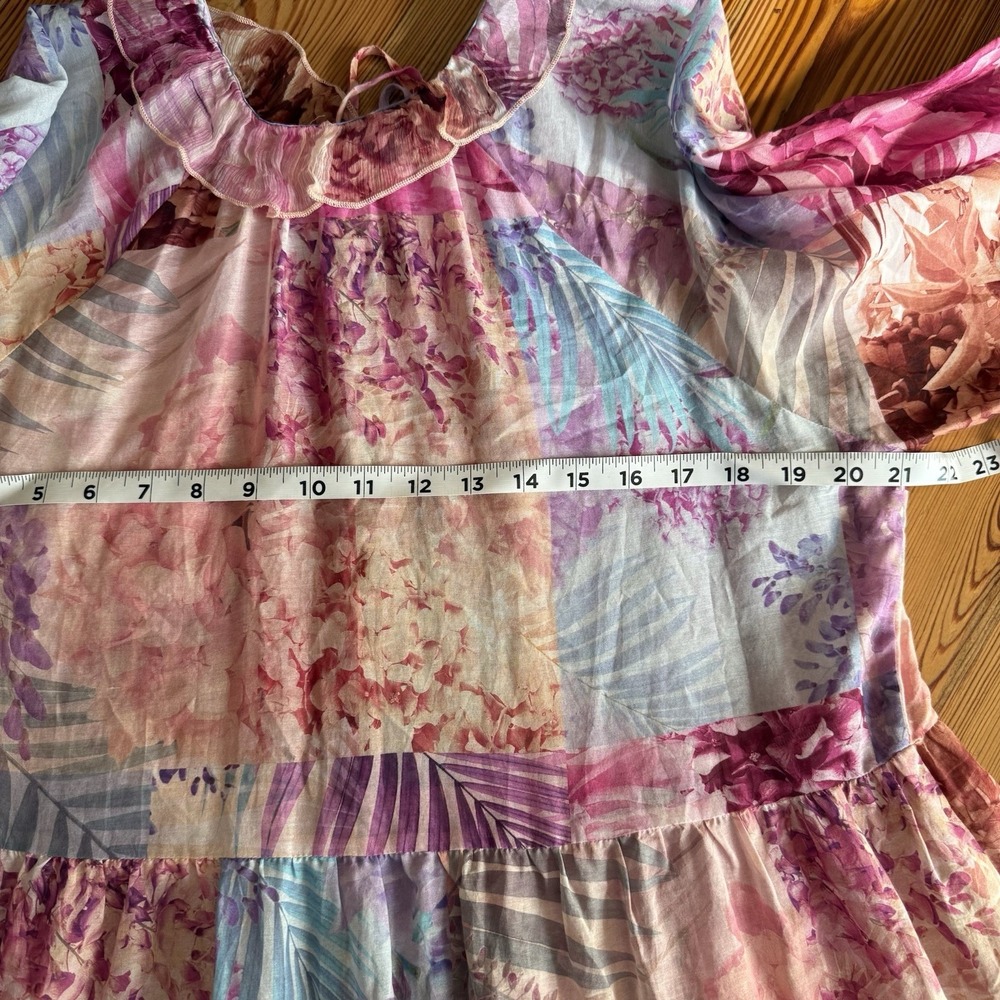 Johnny Was Silk Blend Dress MED Mini Pink Floral Semi-sheer Ruffle Patchwork EUC - Picture 13 of 16